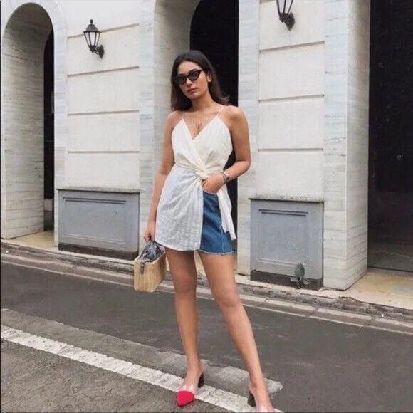 Zara Blogger Fave Cream Striped Knot Front Spaghetti Strap Tunic Dress Size‎ XS - Picture 2 of 12